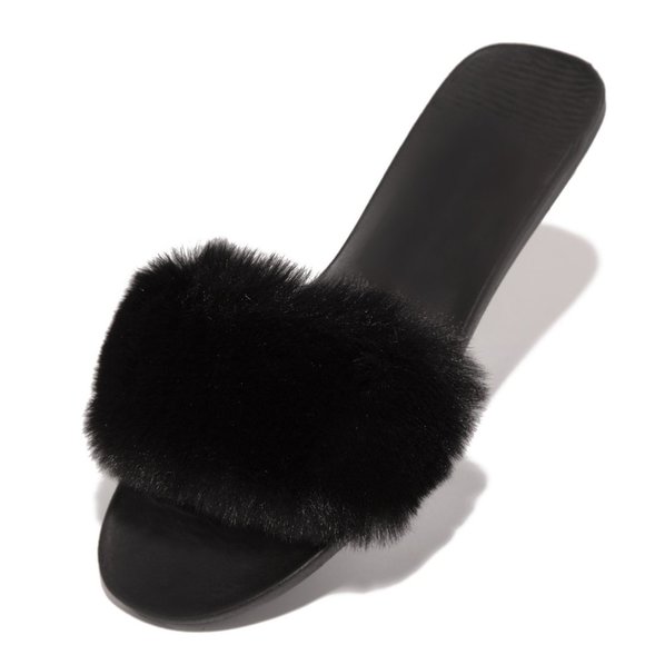 NEW Faux Fur Open Toe Slide Flat Sandal Flip Flops - Picture 3 of 6